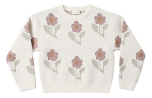 Wrap your little one in the Baby Girls’ and Girls’ Aspen Sweater from Rylee & Cru—a cream-colored knit featuring a delightful pattern of pink and beige flowers with green leaves, displayed flat on a white background.