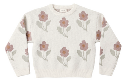 Wrap your little one in the Baby Girls’ and Girls’ Aspen Sweater from Rylee & Cru—a cream-colored knit featuring a delightful pattern of pink and beige flowers with green leaves, displayed flat on a white background.