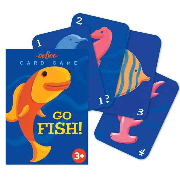 A set of colorful Eeboo Go Fish Playing Cards for children, featuring illustrated underwater creatures including lobsters, angelfish, and numbers, recommended for ages 3 and up.