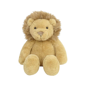 Goldie Lion by Mon Ami is an adorable stuffed animal featuring a tan body and a fluffy brown mane, sitting upright against a white background—making it the perfect baby shower gift.