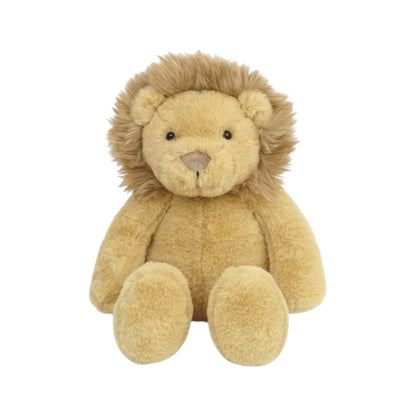 Goldie Lion by Mon Ami is an adorable stuffed animal featuring a tan body and a fluffy brown mane, sitting upright against a white background—making it the perfect baby shower gift.
