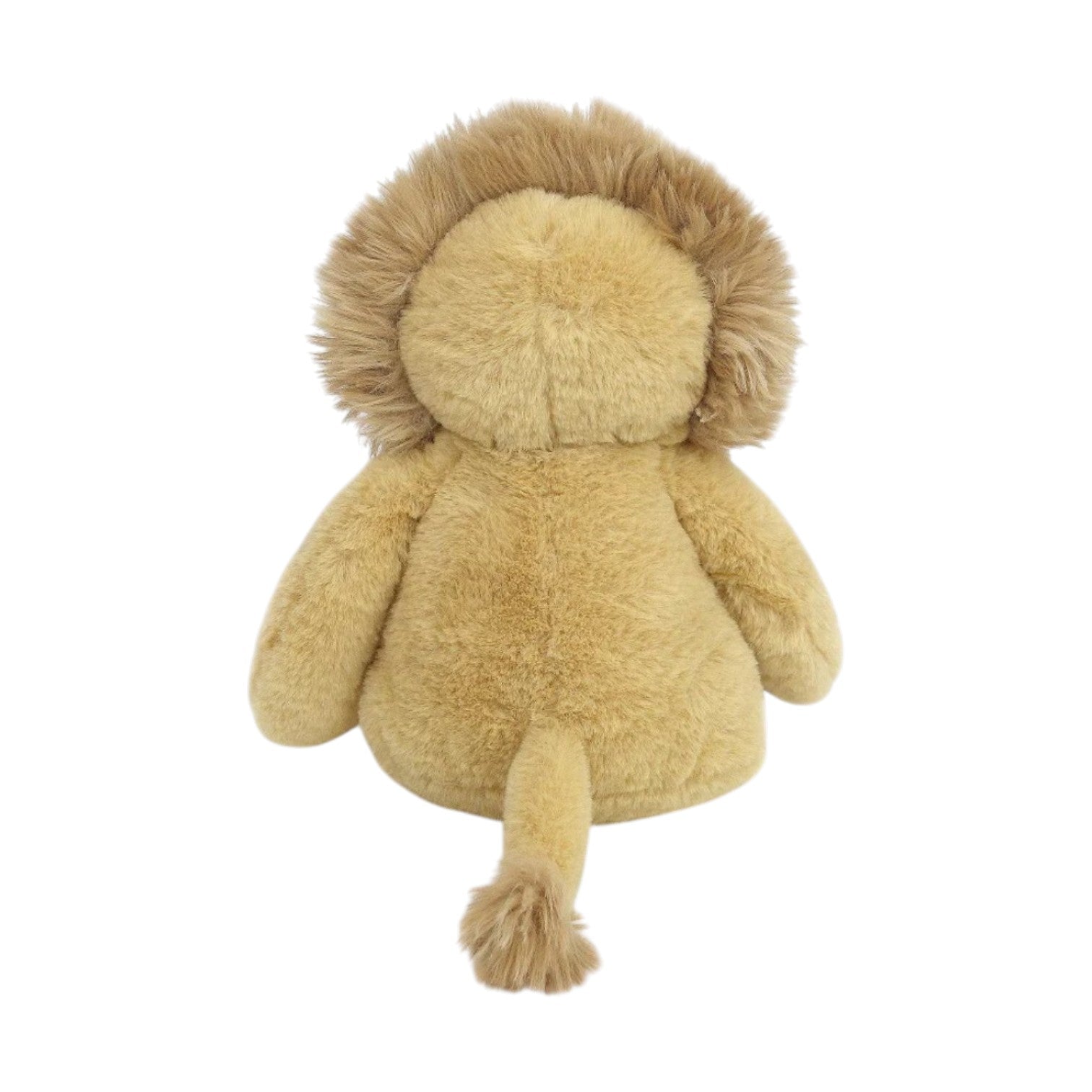 Goldie Lion by Mon Ami is a plush stuffed animal pictured from the back, featuring a round, furry mane, soft light brown body, outstretched arms, and a tail with a tufted tip—making it an adorable choice for a baby shower gift.