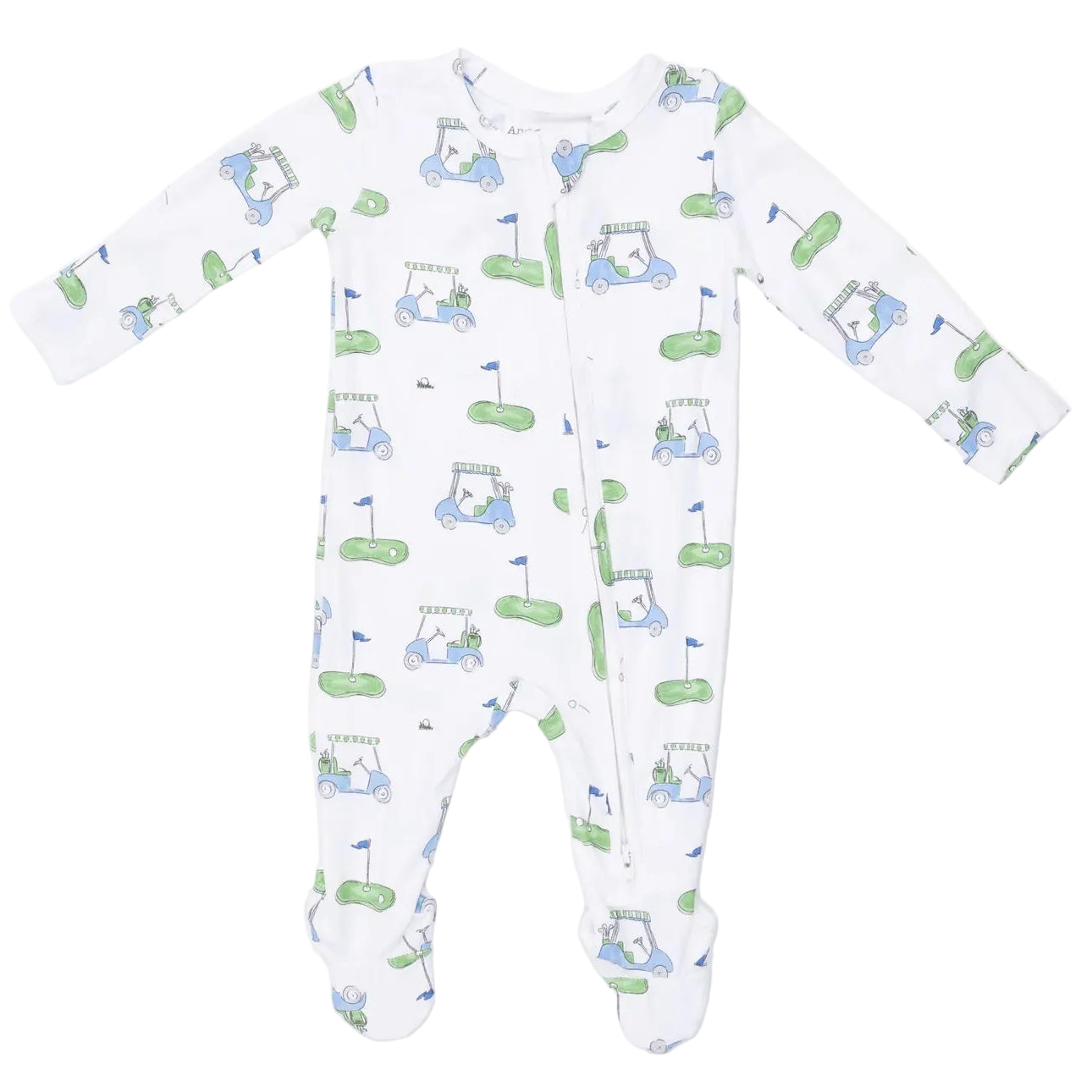White Baby 2-Way Zipper Footie by Angel Dear, featuring long sleeves and a charming blue and green golf cart and golf course pattern, crafted from soft bamboo fabric with a convenient two-way zipper down the front and legs.