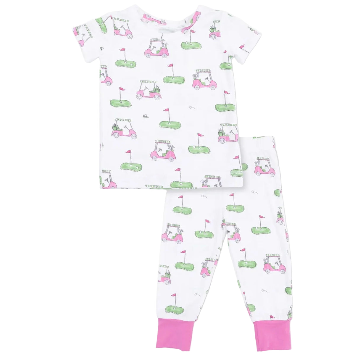 The Angel Dear Baby and Kids’ Short Sleeve Loungewear Set features a charming golf cart and green print on a white background, with playful pink cuffs on the pants for toddlers.