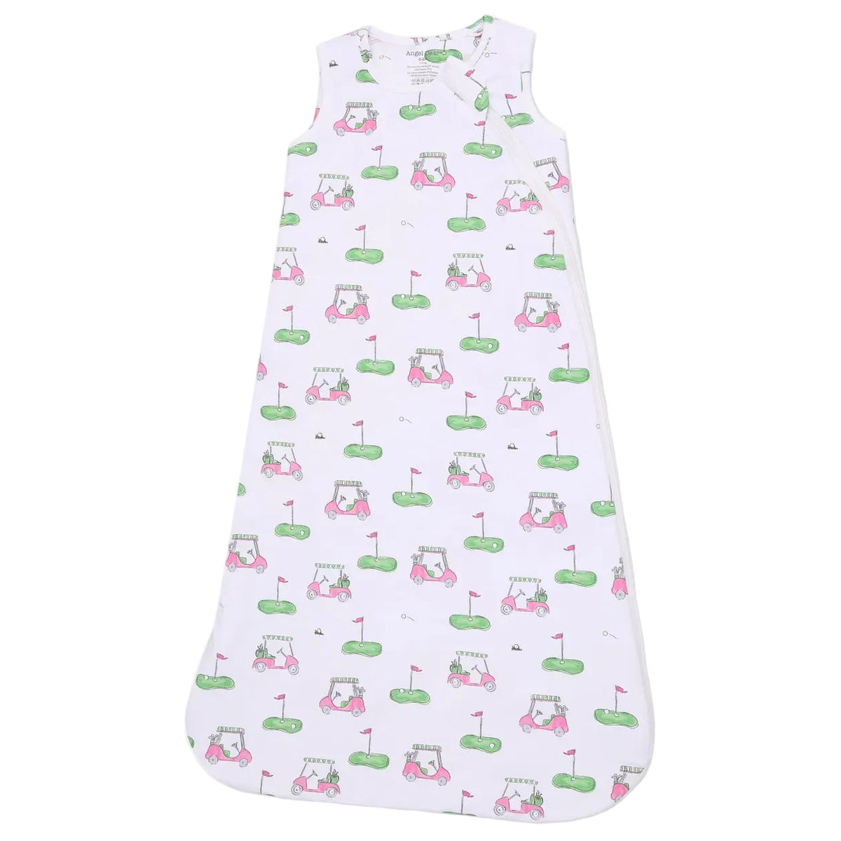 Angel Dear Baby Sleep Bag: A sleeveless white baby sleep bag made from soft and breathable bamboo fabric, showcasing a playful golf-themed print with green holes, red flags, and cartoon bears in pink outfits.