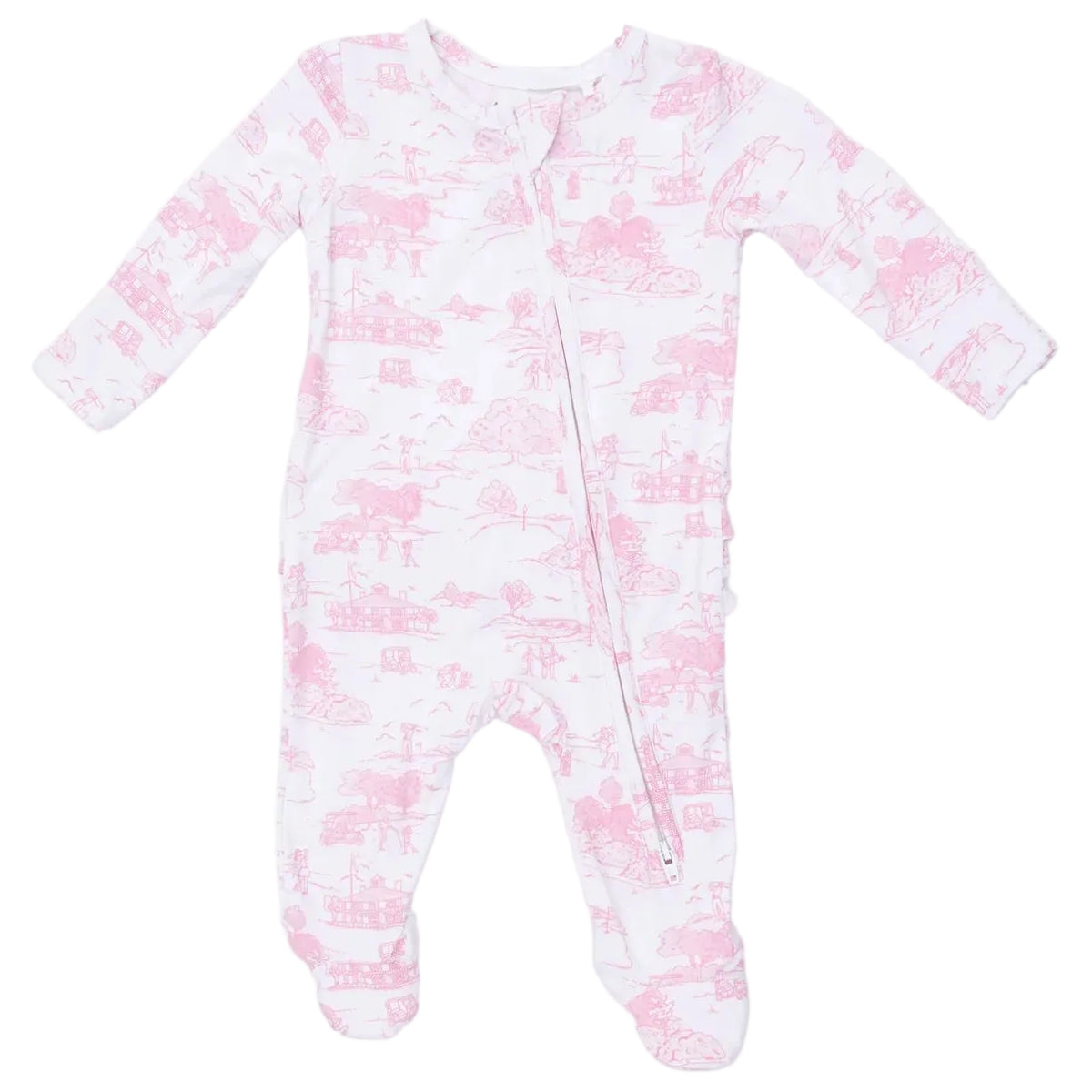 The Angel Dear Baby Girls’ 2-Way Zipper Ruffle Back Zipper Footie is a long-sleeved, footed white onesie adorned with a pink pastoral toile print. This bamboo baby footie features an angled two-way zip closure from neckline to left leg and is displayed against a plain white background.