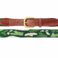 Green and white camouflage Smathers & Branson Golfer's Camo Belt with a tan Italian leather patch and gold buckle, isolated on a white background.