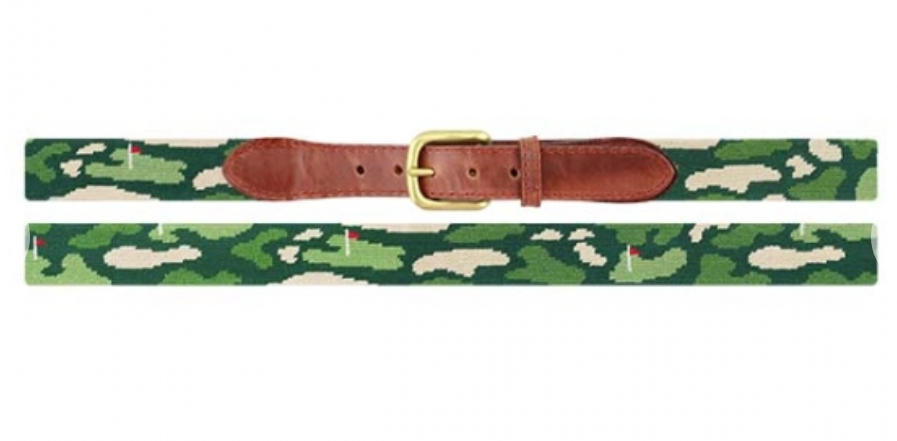 Green and white camouflage Smathers & Branson Golfer's Camo Belt with a tan Italian leather patch and gold buckle, isolated on a white background.