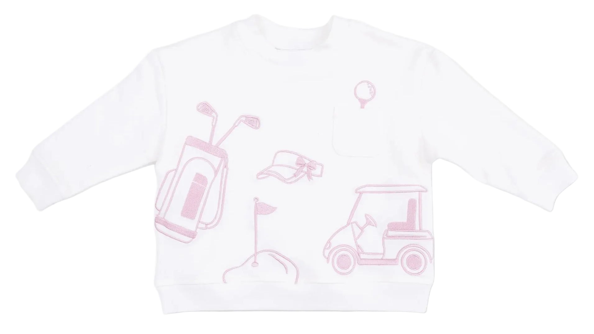 The Angel Dear Baby and Kids’ Drop Sleeve Sweatshirt is a white long-sleeve top crafted from soft organic French terry, featuring playful pink outlines of a golf bag, ball, visor, golf cart, and flag on the front—combining comfort and style for your little one.