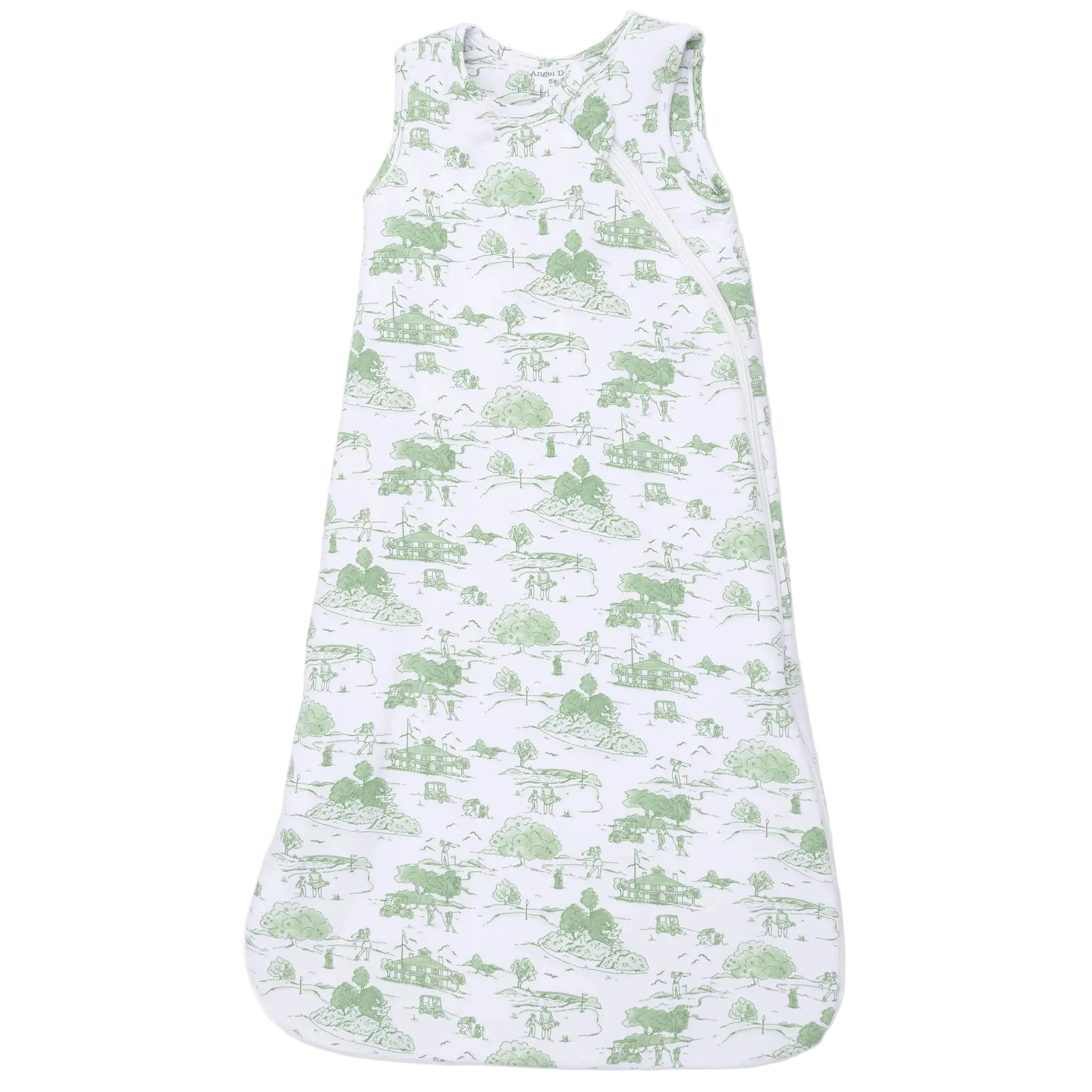 Angel Dear Baby Sleep Bag, sleeveless and white, crafted from soft bamboo fabric with a light green animal and nature print, featuring a convenient side zipper that runs from the neckline to the bottom edge.