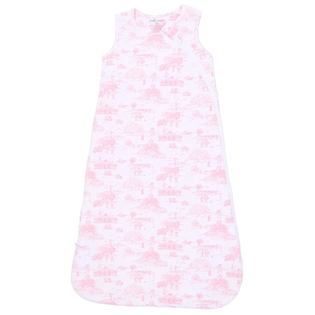 The Angel Dear Baby Sleep Bag is a sleeveless sleep sack made from white bamboo fabric, adorned with a pink animal and tree print. It features a side zipper and a rounded bottom for comfort.