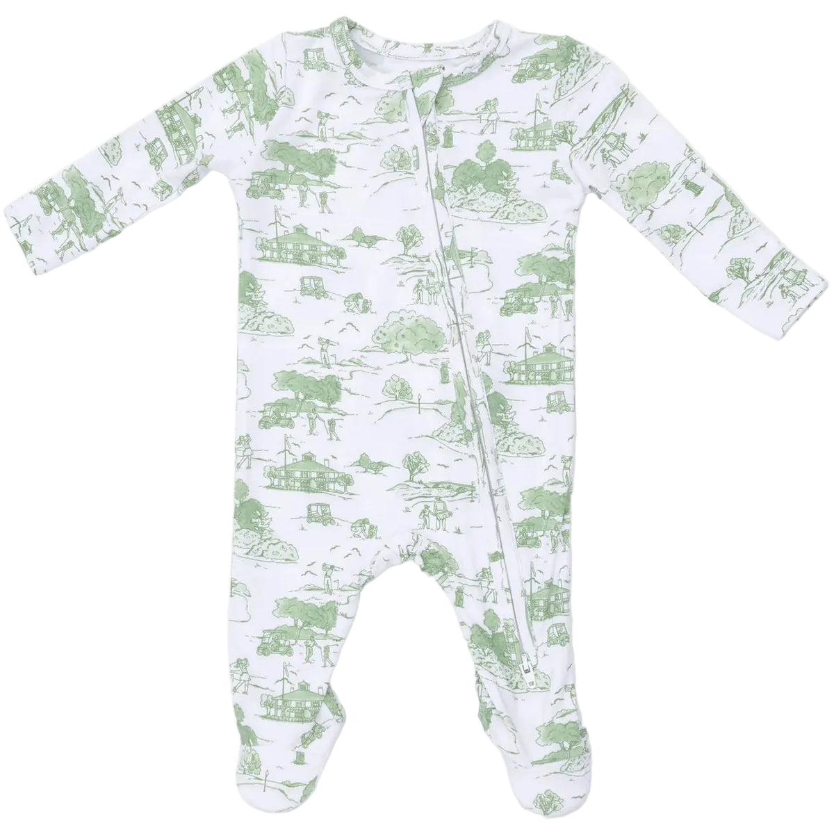 Angel Dear’s Baby 2-Way Zipper Footie is a white long-sleeve onesie featuring a charming green pastoral print and a practical zipper running from neck to left foot, crafted from ultra-soft bamboo fabric for ultimate comfort.