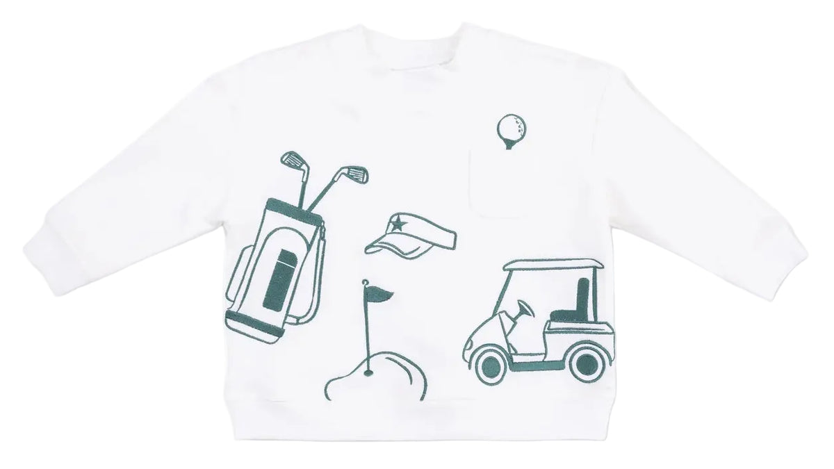 The Baby and Kids’ Drop Sleeve Sweatshirt by Angel Dear is crafted from soft, organic French terry in white and features charming dark green line drawings of a golf bag, cap, flag, golf cart, and golf ball on the front—perfect for little ones.