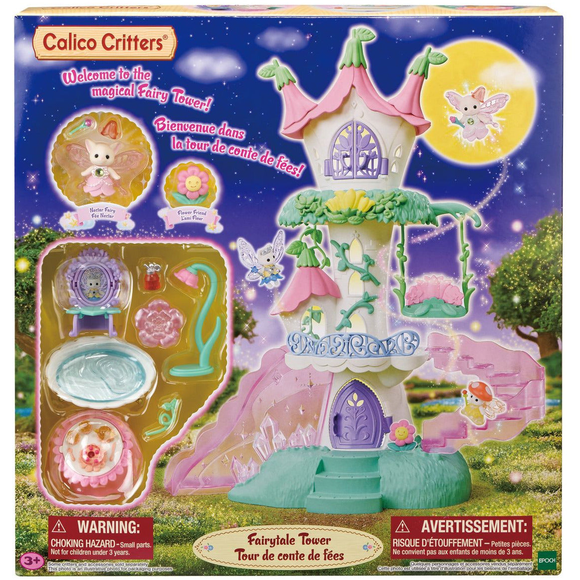 Calico Critters Fairytale Tower playset in packaging, showcasing the whimsical Fairytale Tower by Calico Critters, a Nectar Fairy figure, flower-inspired furniture, themed accessories, and warning labels—all presented against a vibrant night sky backdrop.
