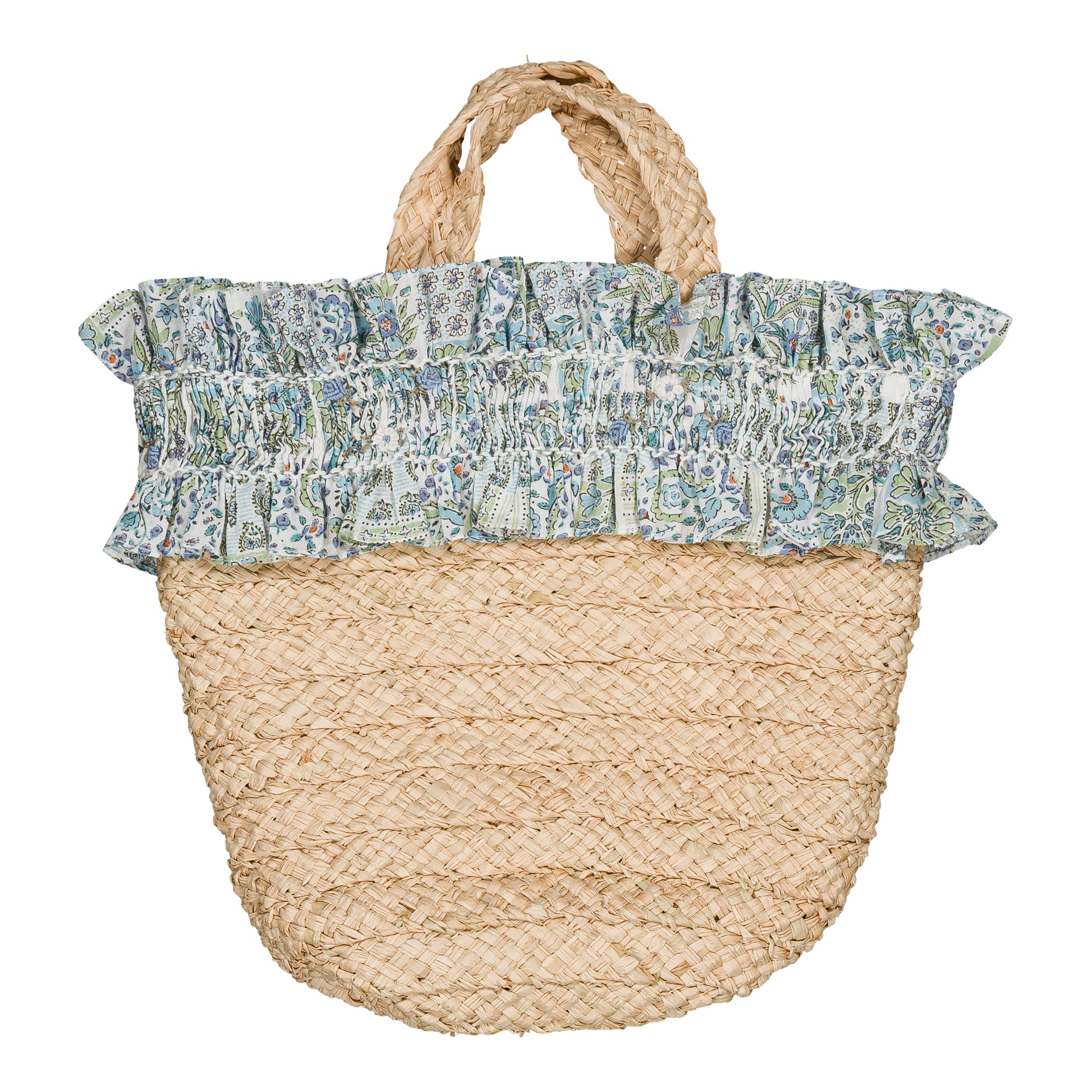 The Girls' Pénelope Smocked Raffia Bag by Kidiwi features short handles and a ruffled blue and white floral trim, inspired by classic patchwork prints.