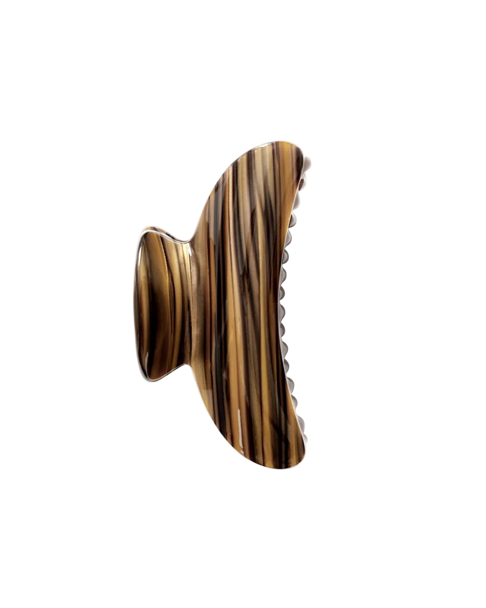 The Grande Heirloom Claw by Machete is a brown and black striped hair clip with a curved design and teeth, expertly crafted from Italian acetate—perfect for securing large volume or long, thick hair; shown isolated on a white background.