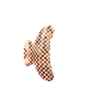 The Grande Heirloom Claw by Machete is a brown and beige checkered hair claw clip, expertly crafted from premium Italian acetate with wide, curved jaws—ideal for securing long, thick hair. Shown against a plain white background.