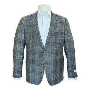 A mannequin showcases the Samuelsohn Grand Green Blue Plaid Bennet Blazer over a white dress shirt, with two buttons fastened and visible front pockets—a refined example of luxury menswear.