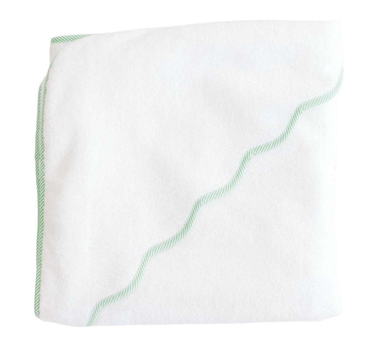 The Terry Tots Kids’ Scalloped Hooded Towel, featuring a white design with green wavy trim, is displayed folded against a plain white background—a perfect nursery essential for your little one.