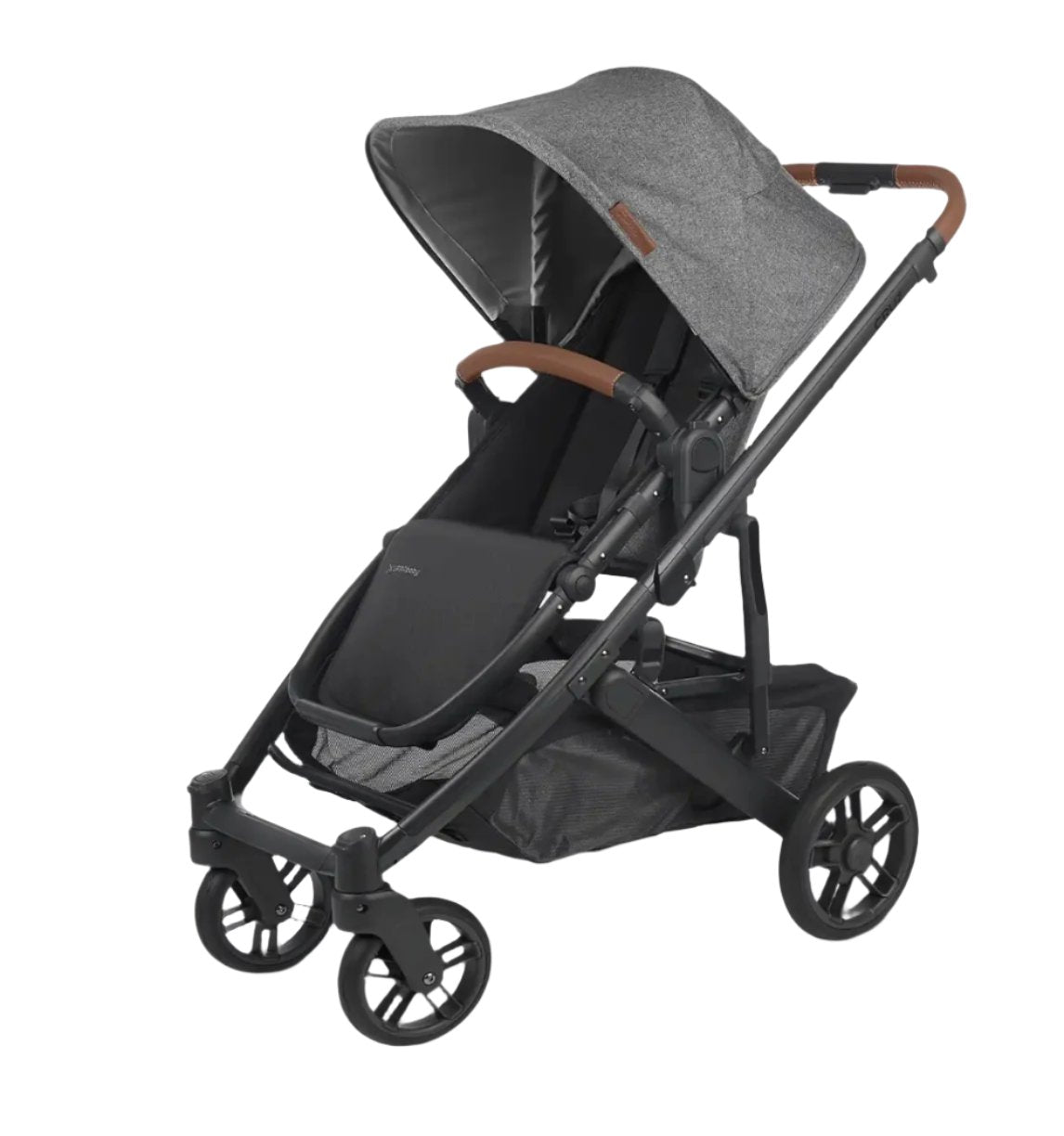 The UPPAbaby Cruz V2 Stroller is a stylish gray stroller with a streamlined design, featuring a canopy and an adjustable seat complemented by elegant brown accents. This model boasts four wheels for enhanced maneuverability and includes a handy storage basket underneath.