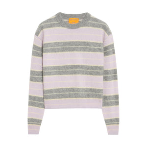The Grizzly Cashmere Stripe Crew by Guest in Residence is a women’s cropped-fit cashmere sweater with long sleeves and horizontal stripes in light gray, lavender, and pale yellow, shown against a white background.