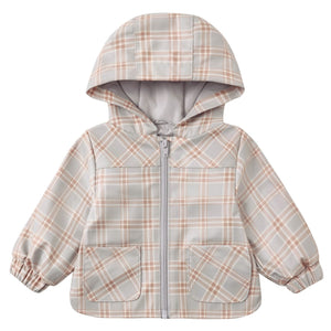 The Quincy Mae Baby and Kids’ Rain Coat is a light gray and beige plaid hooded raincoat featuring a front zipper, two patch pockets, elastic cuffs, and an airflow flap for added comfort, shown against a white background.
