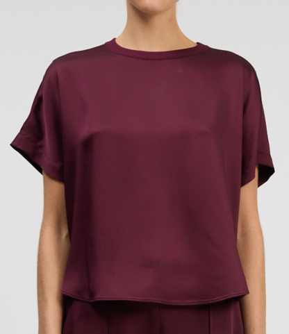 A person wears the Simkhai Addy Satin T-Shirt—a short-sleeved, relaxed fit burgundy top with a round neckline—standing against a plain background.