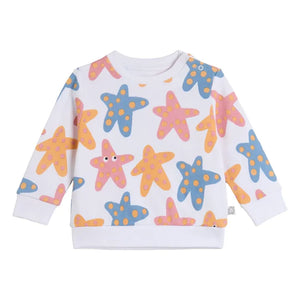 The Stella McCartney Kids Baby Girls' Starfish Sweatshirt is a white organic cotton long-sleeve, featuring blue and pink starfish with yellow polka dots—an adorable summer layering piece for toddlers.