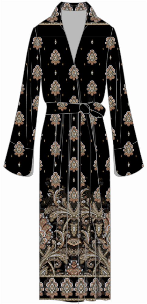 The Viv Midi Dress by Cara Cara is a long black dress adorned with a paisley and floral pattern in beige and gold tones, featuring a waist belt and wide sleeves for an elegant touch reminiscent of a V-neck popover style.