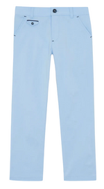 Tartine et Chocolat Boys’ Cotton Trousers in light blue feature a straight-leg cut, button closure, belt loops, and front pockets—displayed on a white background and inspired by soothing coastal hues for an ideal seaside essential.