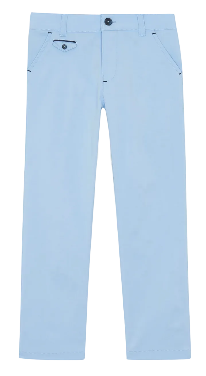 Tartine et Chocolat Boys’ Cotton Trousers in light blue feature a straight-leg cut, button closure, belt loops, and front pockets—displayed on a white background and inspired by soothing coastal hues for an ideal seaside essential.