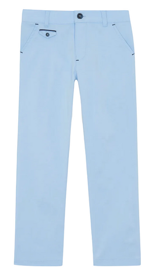 Tartine et Chocolat Boys’ Cotton Trousers in light blue feature a straight-leg cut, button closure, belt loops, and front pockets—displayed on a white background and inspired by soothing coastal hues for an ideal seaside essential.