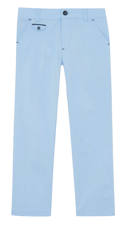 Tartine et Chocolat Boys’ Cotton Trousers in light blue feature a straight-leg cut, button closure, belt loops, and front pockets—displayed on a white background and inspired by soothing coastal hues for an ideal seaside essential.