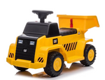 A yellow and black 6V CAT Dump Truck Ride-On by Freddo, featuring large wheels, a steering wheel, and CAT logos on the sides, is pictured on a white background. This construction-themed ride-on makes imaginative play easy and fun for little builders.