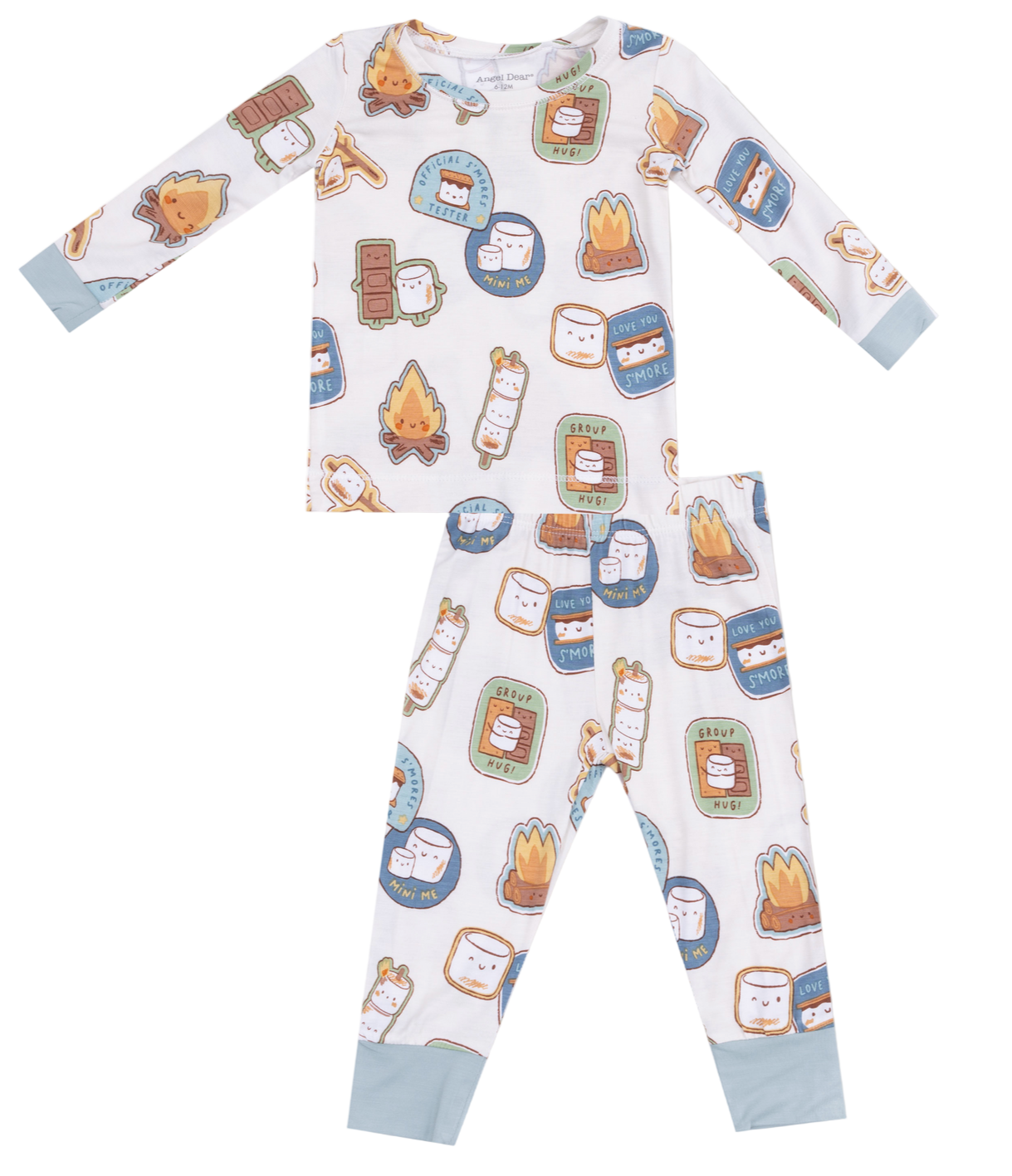 Angel Dear Baby Long Sleeve Loungewear Set with light blue cuffs features a fun cartoon print of s’mores ingredients, campfires, and jars on white breathable fabric—perfect for cozy comfort.