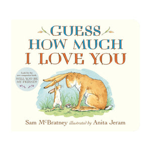 The cover of "Guess How Much I Love You, Padded Board Book" by Penguin Random House shows the adult and little Nutbrown Hare facing each other—a heartwarming choice for babies and toddlers.