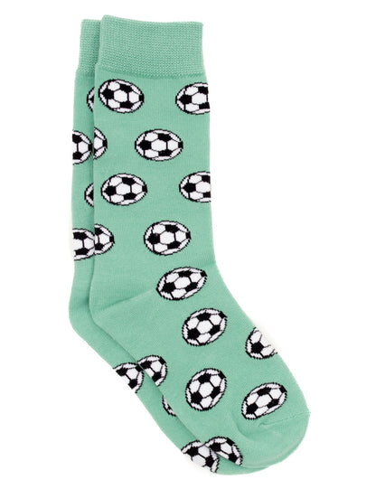 Properly Tied's Boys' Lucky Duck Socks showcase dress socks with a playful pattern, featuring green fabric adorned with scattered soccer balls.