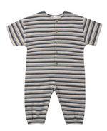 Introducing the Rylee & Cru Baby Boys’ Hayes Jumpsuit—a short-sleeve romper featuring horizontal navy and beige stripes, coconut buttons down the front, and convenient snap closures at the legs. Inspired by our signature Hayes Jumpsuit, it’s thoughtfully designed to offer both comfort and style for your little one.