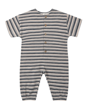 Introducing the Rylee & Cru Baby Boys’ Hayes Jumpsuit—a short-sleeve romper featuring horizontal navy and beige stripes, coconut buttons down the front, and convenient snap closures at the legs. Inspired by our signature Hayes Jumpsuit, it’s thoughtfully designed to offer both comfort and style for your little one.