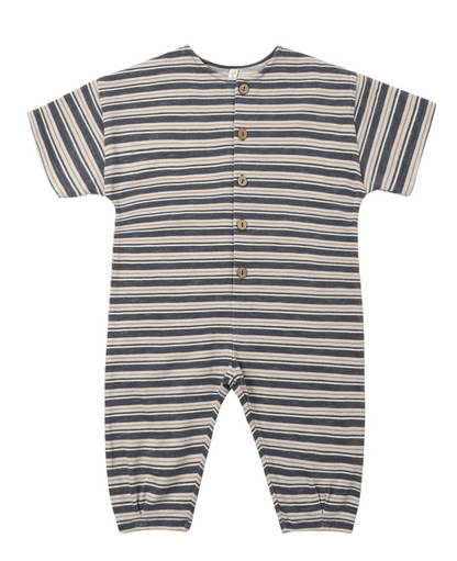 Introducing the Rylee & Cru Baby Boys’ Hayes Jumpsuit—a short-sleeve romper featuring horizontal navy and beige stripes, coconut buttons down the front, and convenient snap closures at the legs. Inspired by our signature Hayes Jumpsuit, it’s thoughtfully designed to offer both comfort and style for your little one.