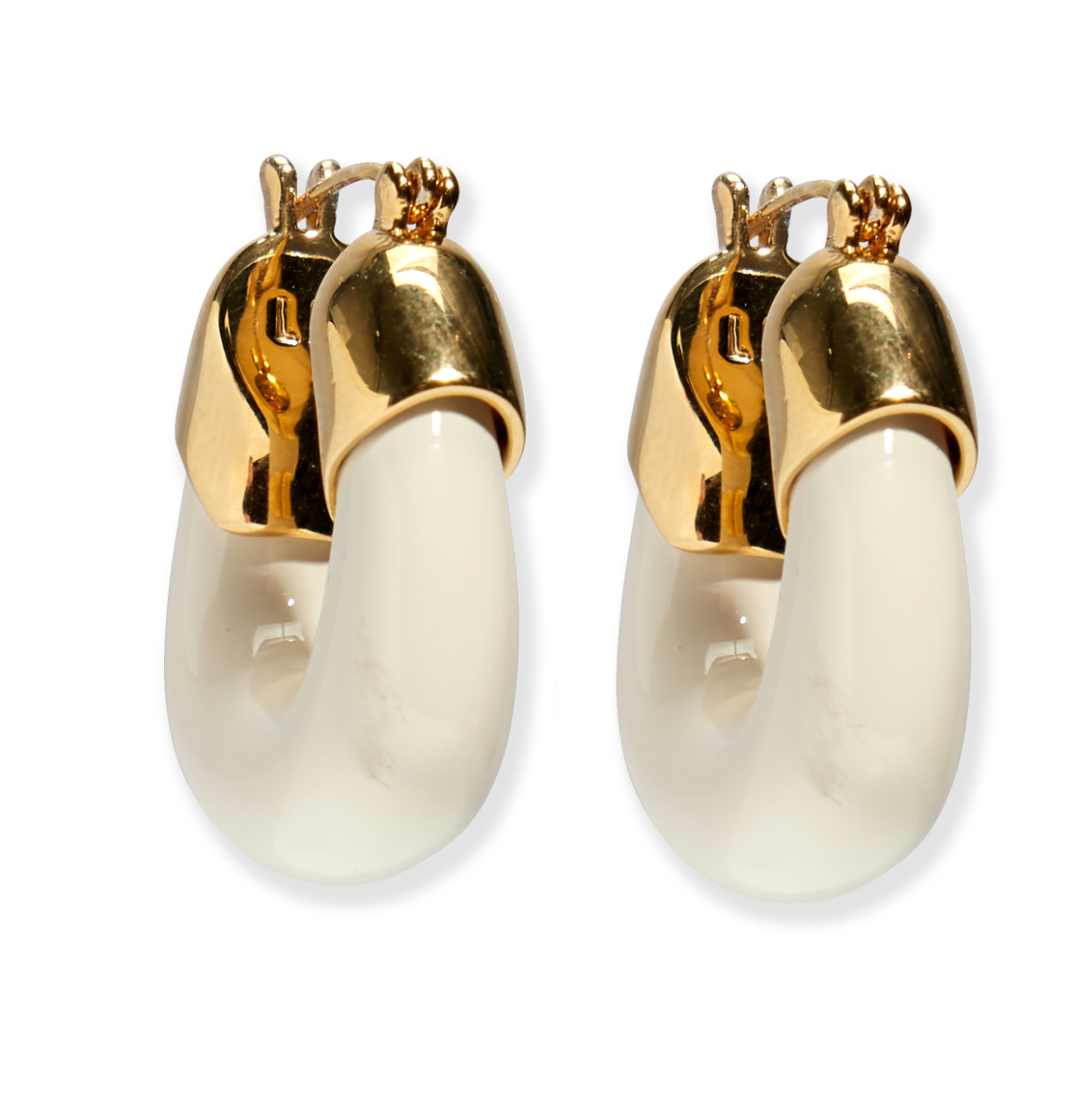 Lizzie Fortunato's Organic Mini Gold Hoops feature gold-plated tops and white curved lower halves, shown against a white background.