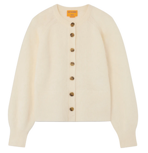 Grizzly Sculpted Cardigan by Guest in Residence: cream brushed cashmere, long sleeves, round neck, brown front buttons, shown on white background.