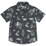 Crafted sustainably from recycled coconut-polyester, the Feather 4 Arrow Boys’ Button Down Shirt showcases a lively sea life print—featuring sharks, octopuses, fish, and coral—set against a dark background.