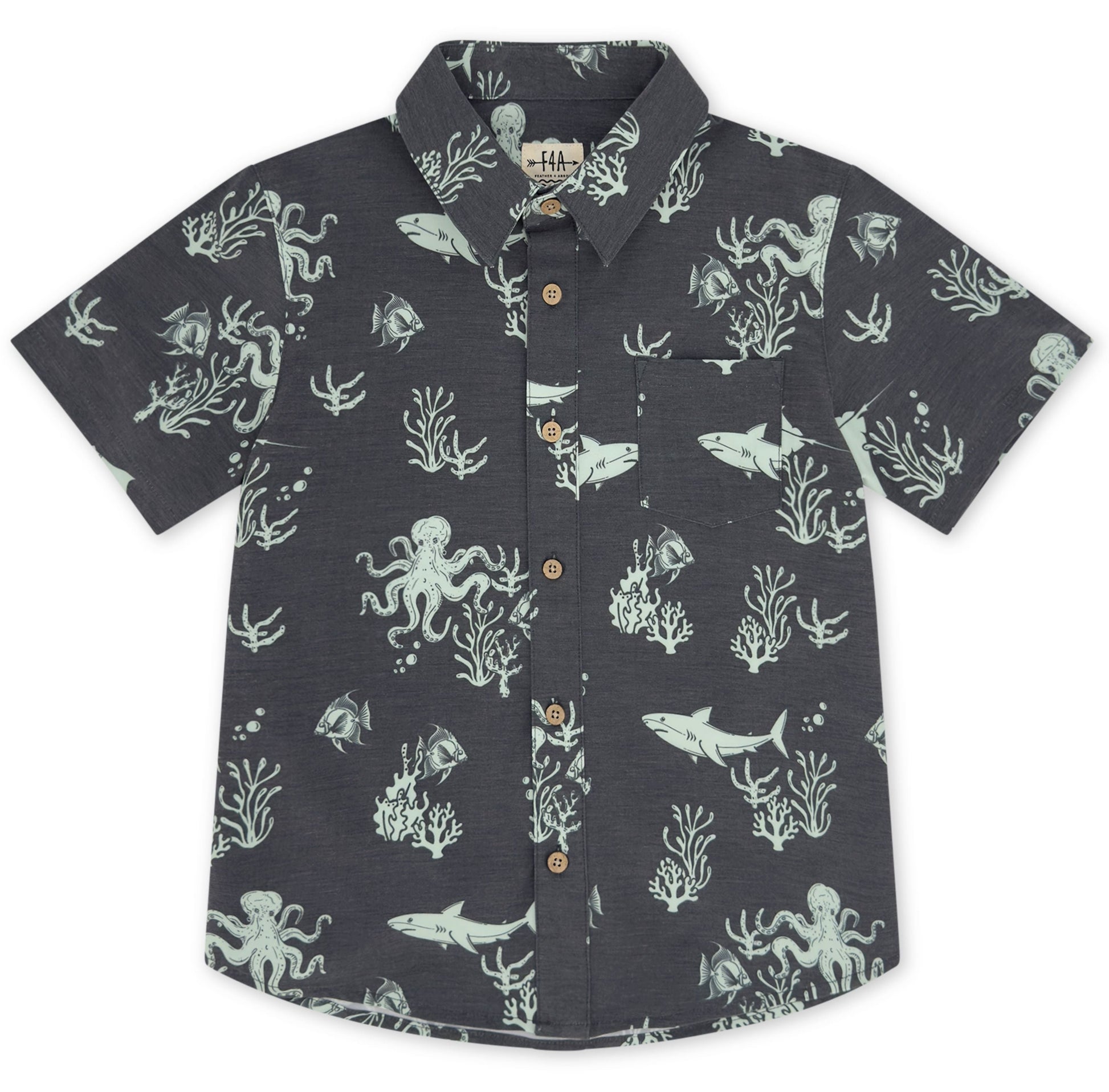 Crafted sustainably from recycled coconut-polyester, the Feather 4 Arrow Boys’ Button Down Shirt showcases a lively sea life print—featuring sharks, octopuses, fish, and coral—set against a dark background.