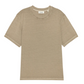 Beige Light Cotton Tee by Frame with short sleeves and a crewneck, laid flat on a white background. The interior collar label displays the brand name "Frame." Made from premium Supima cotton, this luxury basic tee provides exceptional softness and comfort.