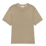 Beige Light Cotton Tee by Frame with short sleeves and a crewneck, laid flat on a white background. The interior collar label displays the brand name "Frame." Made from premium Supima cotton, this luxury basic tee provides exceptional softness and comfort.