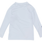 The Boys' LS Rash Top by Snapper Rock is a white, long-sleeve rash top with “SNAPPER ROCK” on the left sleeve near the cuff, designed for sun safety and shown on a white background.