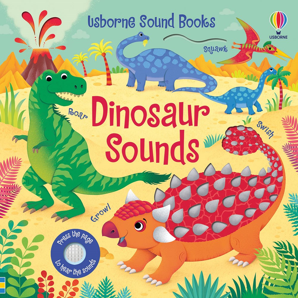 The "Dinosaur Sounds" children’s book by Harper Collins features a colorful cover with illustrated dinosaurs, set in a prehistoric landscape, and includes dinosaur noises like "Roar," "Growl," "Squawk," and "Swish.