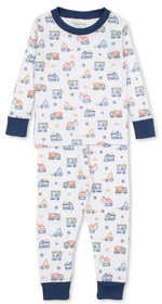 The Kissy Kissy Baby Boys’ Construction Demo Printed Pajama Set is a cozy two-piece outfit featuring long sleeves and pants, adorned with playful construction vehicle prints in blue, orange, and yellow on a white background. Finished with navy collar and cuffs, these pajamas are perfect for little truck fans to stay comfortable all night long.