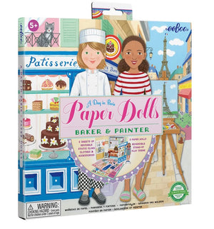 Box of Eeboo Paper Doll Set, featuring illustrated paper dolls and Paris-inspired scenery with baking and painting accessories—perfect for imaginative play or as a delightful travel toy. For ages 5 and up.